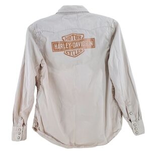 Harley Top Wmns M Beige Western LS Denim Pearl Snap Bar Shield Copper Logo Print